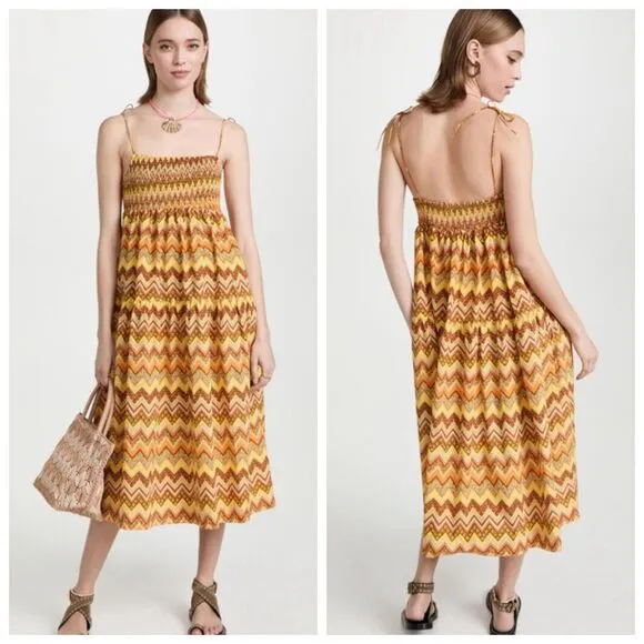 SWF A Line Midi Dress Zig Zag Patterned Fit Flare Smocked Sol Women’s Size S Yellow - Image 2