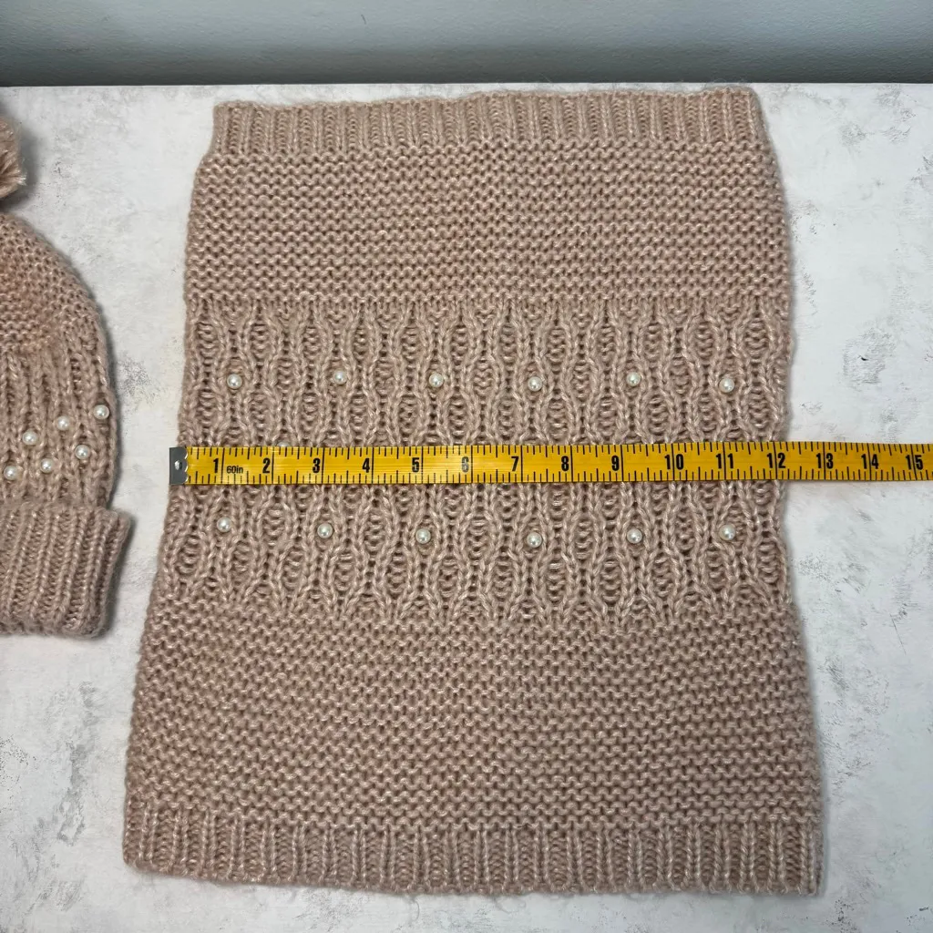Betsey Johnson Beige Pearl Beanie Hat & Cowl Scarf Set - Image 8