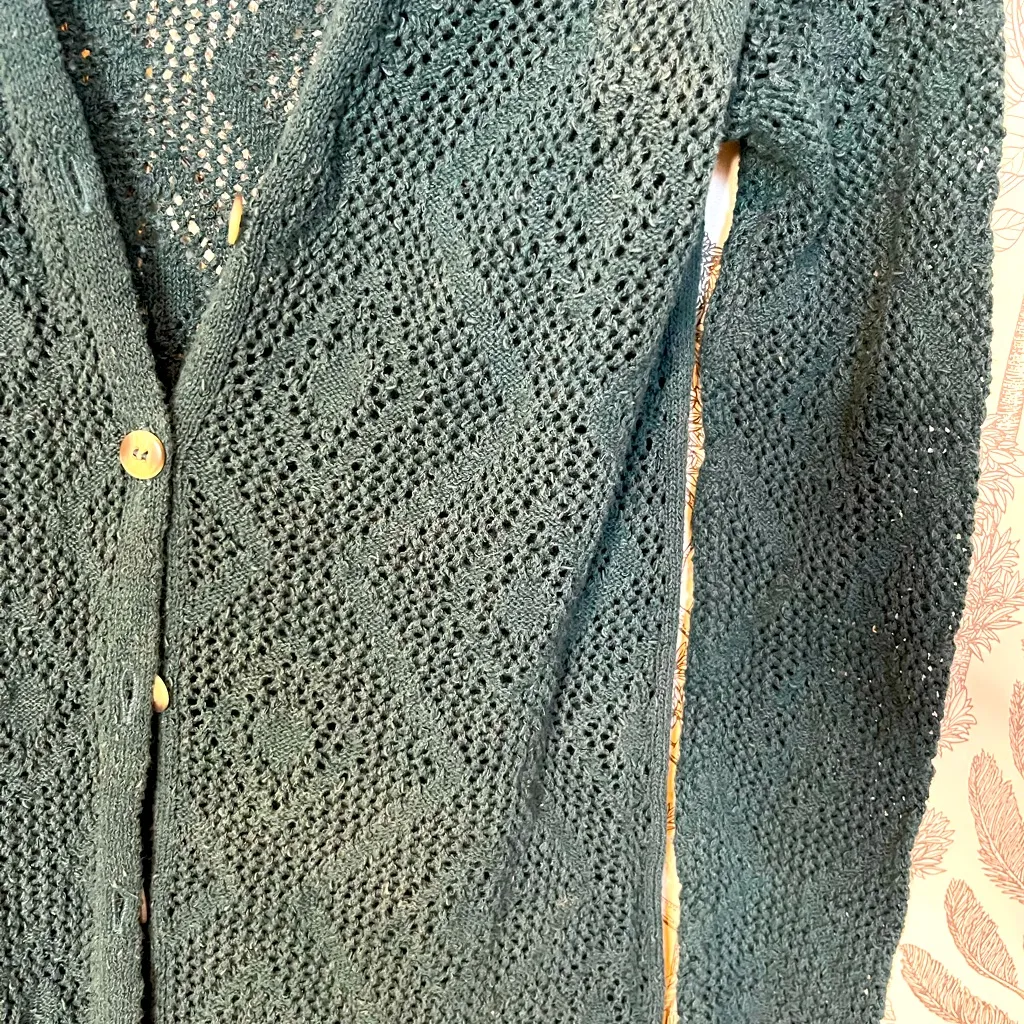 Free People Long‎ Duster cardigan sweater BOHO Teal Open Sweater Cardigan Sz L - Image 3