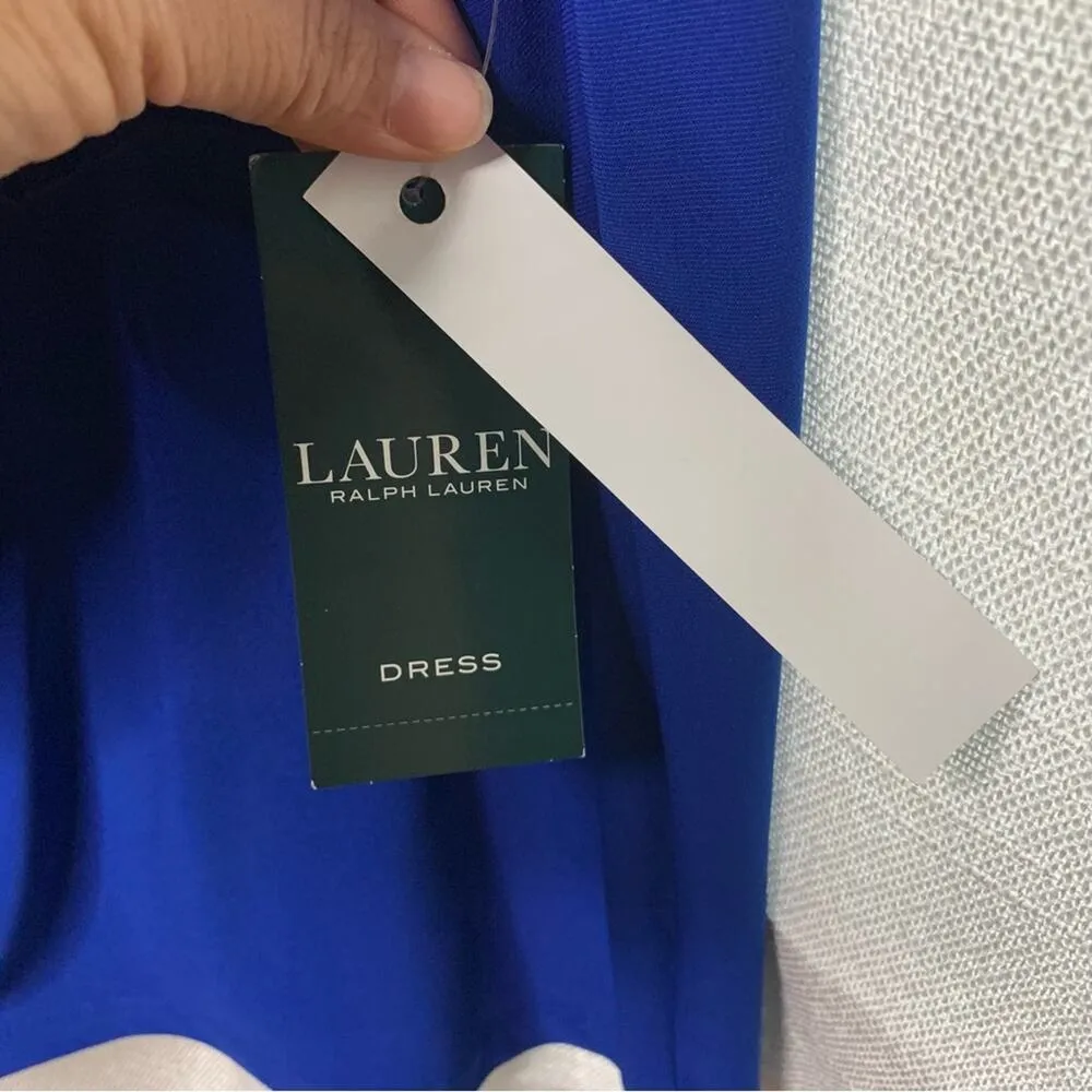 Lauren Ralph Lauren blue ruched long‎ sleeves boat neck jersey dress size 16 - Image 6