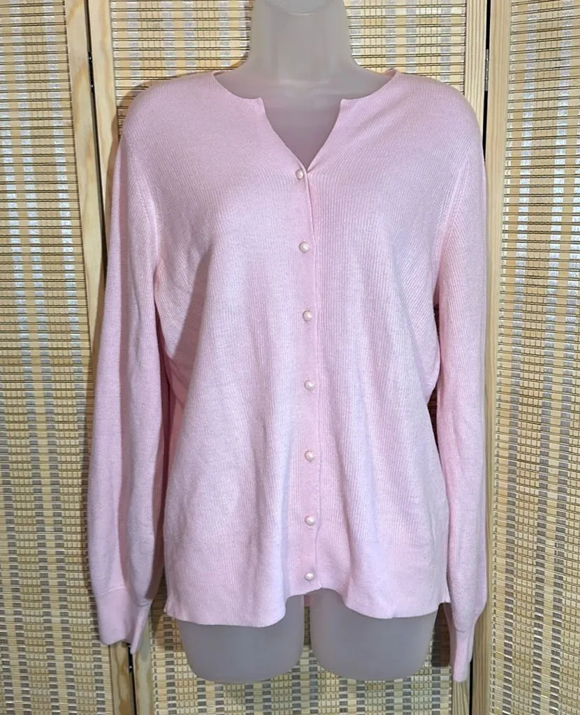 Elizabeth Williams Y2K Pale Pink Twinset Cardigan Thin Ribbed Sweater Medium - Image 1