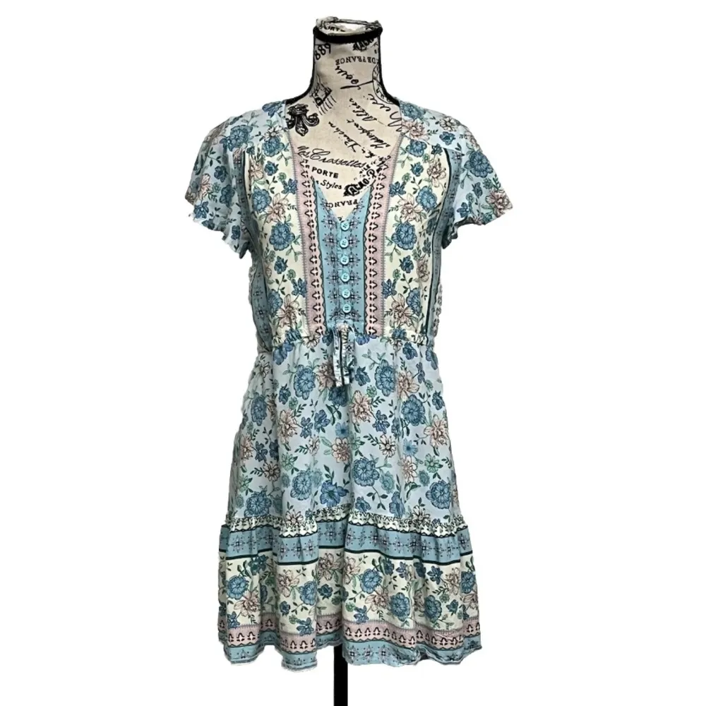 Salty Bright mini dress floral boho Cottegecore Peasent beach 8 Swing Casual Blue - Image 2