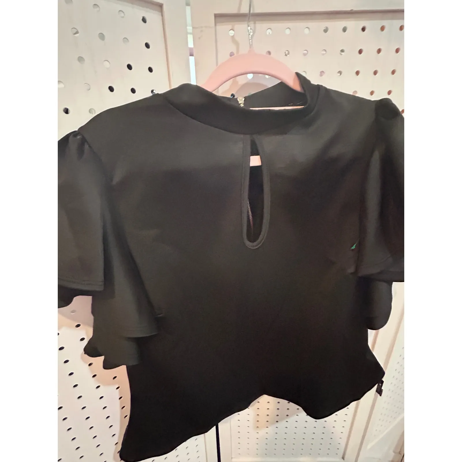 Black‎ Mock Neck Ruffle Sleeve Keyhole Zipper Back Peplum Top - Image 3