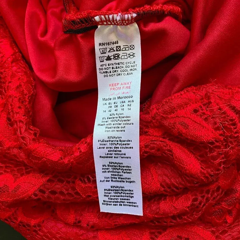 PrettyLittleThing Womens Size 10 All Over Lace Ruched Fitted Slit Midi Skirt Red - Image 12