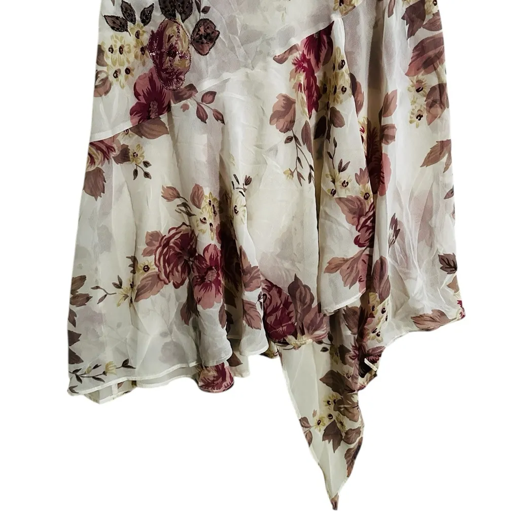 Vintage 90s Sheer Beaded Sequin Floral Midi Dress Asymmetric Fairy Size Large White - Image 3