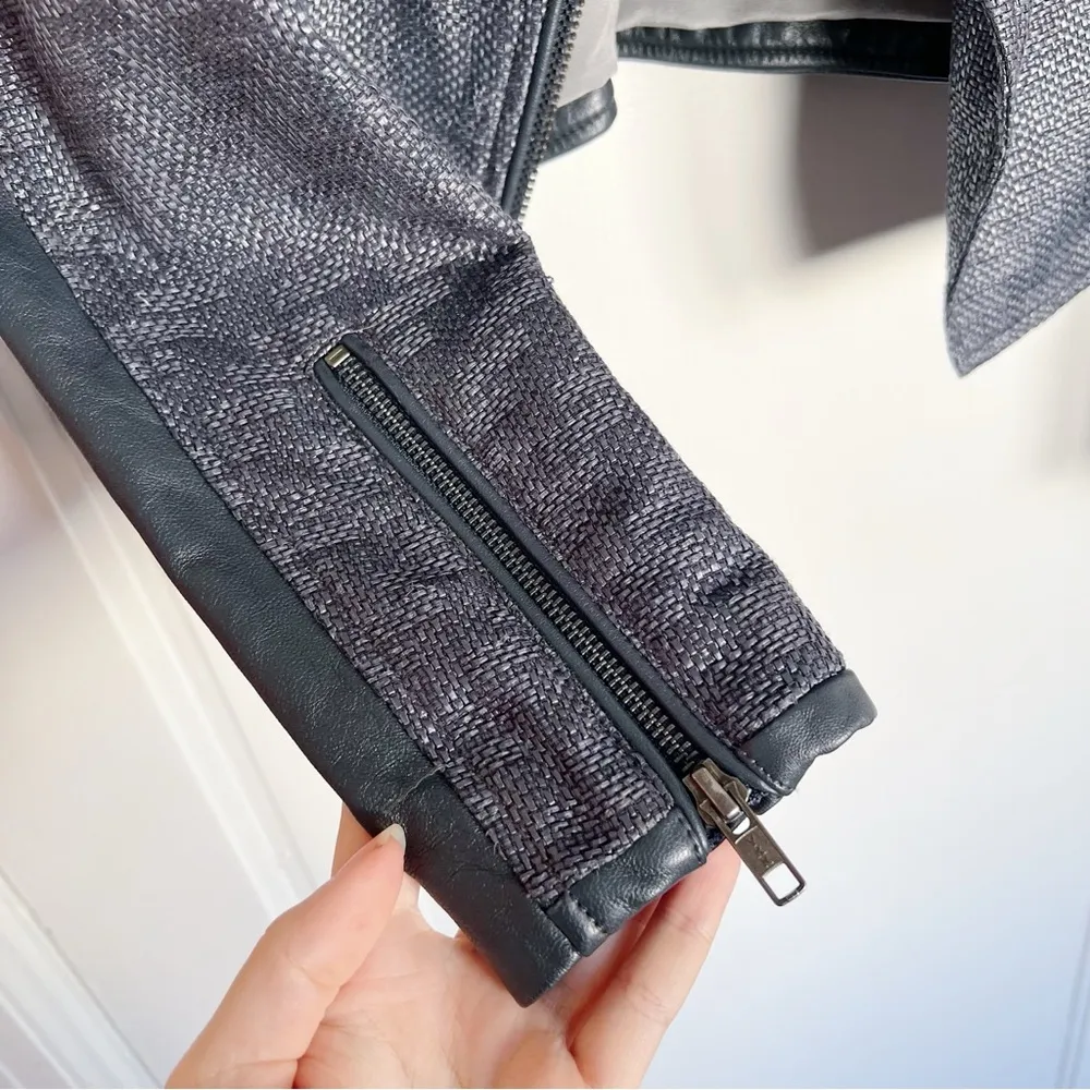 Monika Chiang • moto jacket leather woven asymmetrical zip navy blue cropped - Image 5