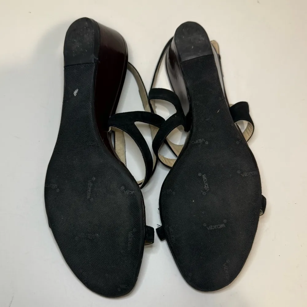 Jimmy Choo Wedge Sandals Black Suede and Chocolate Brown Patent Leather EU 39 - Image 7