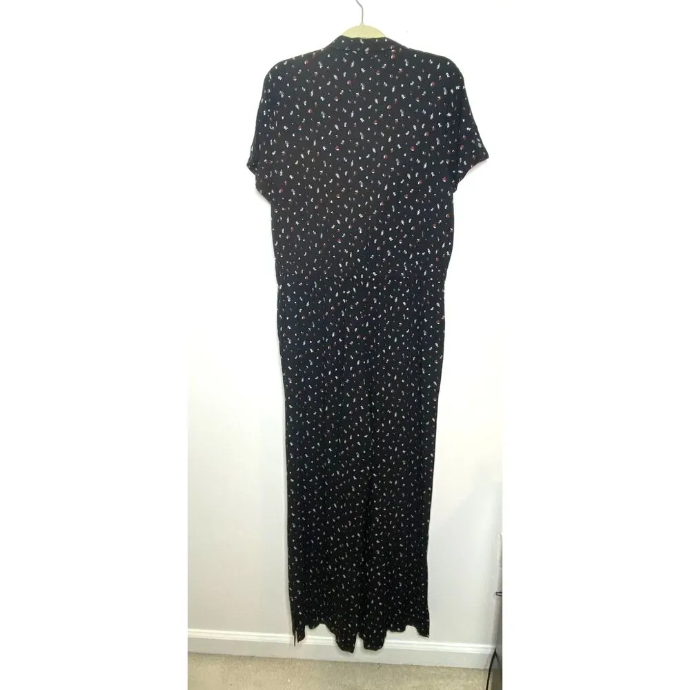 J Jill Black Floral Tie Waist Wide Leg Short Sleeve Casual Flowy Jumpsuit Sz L Size L - Image 4