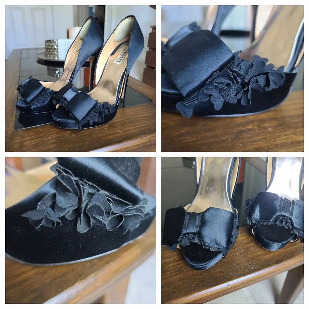 Black Satin Peep Toe stiletto high heel  w/ floral bow sz 9 - Image 12