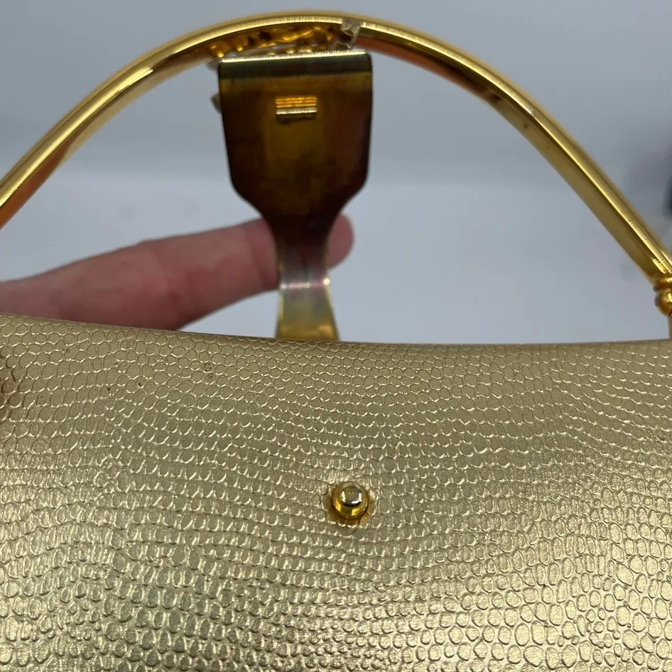 Gold Rhinestone Hard Clutch Purse Top Handle Y2K Formal Metallic Holiday Glam - Image 9