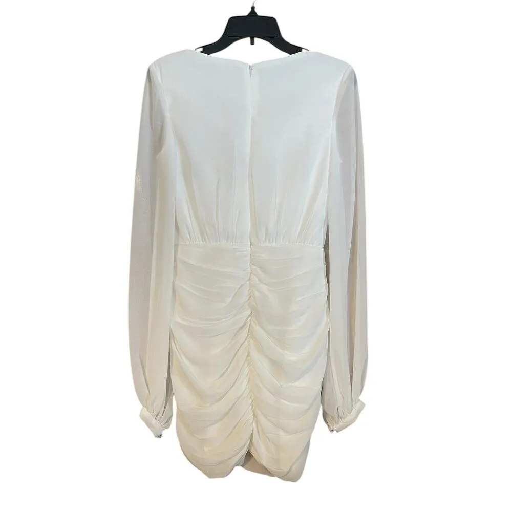 Ieena for Mac Duggal NEW Sz 6 26655 White Long Blouson Sleeve Ruched Mini Dress - Image 5