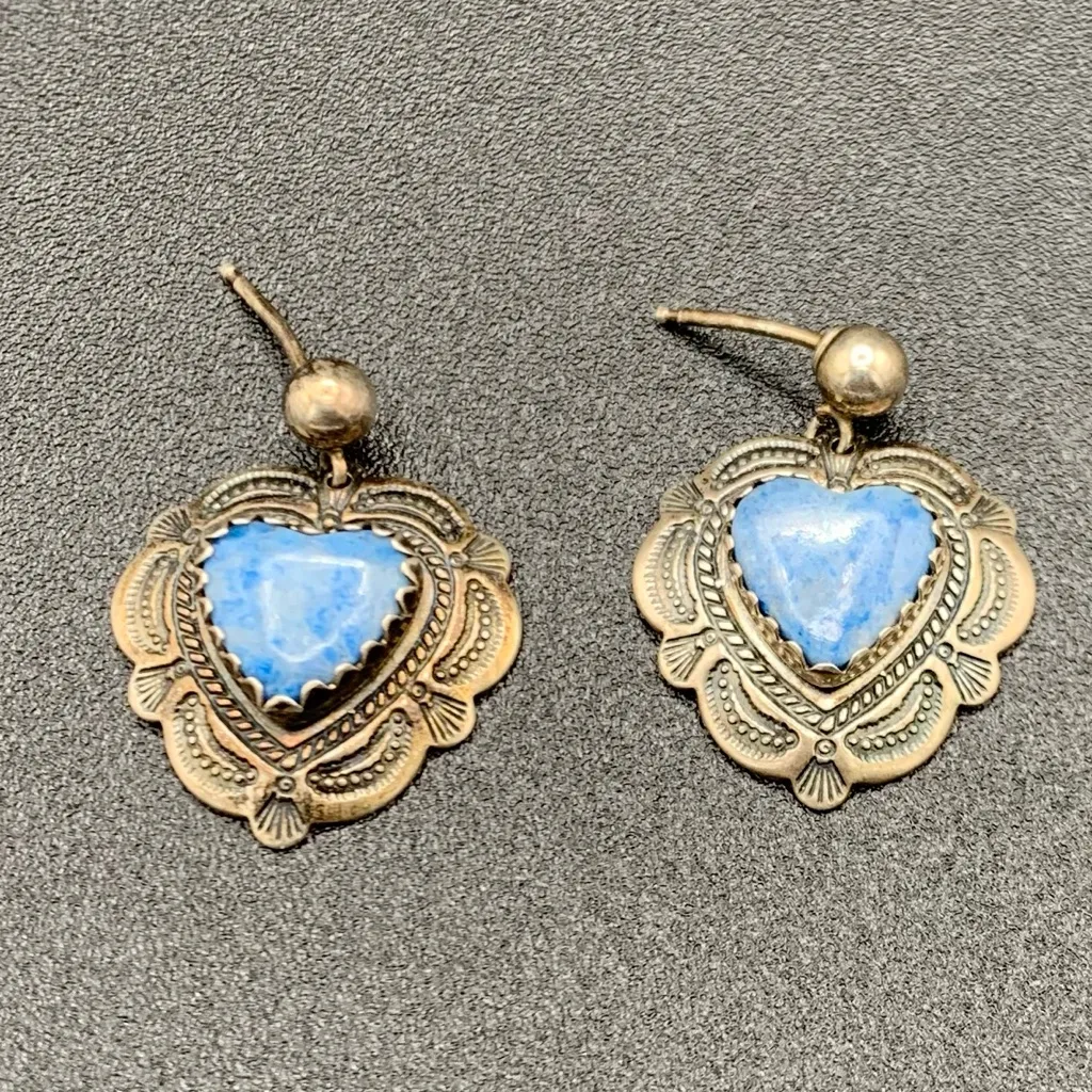 Denim Lapis Sterling Silver Dangle Heart Shaped Earrings QT 925 Southwest Native Blue - Image 2