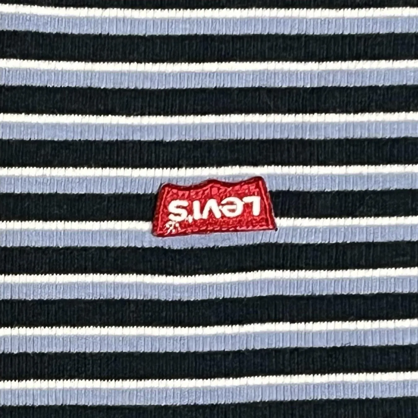 Levis Shirt Womens Medium Blue White Striped Ribbed Logo Crewneck Tee T-Shirt - Image 8