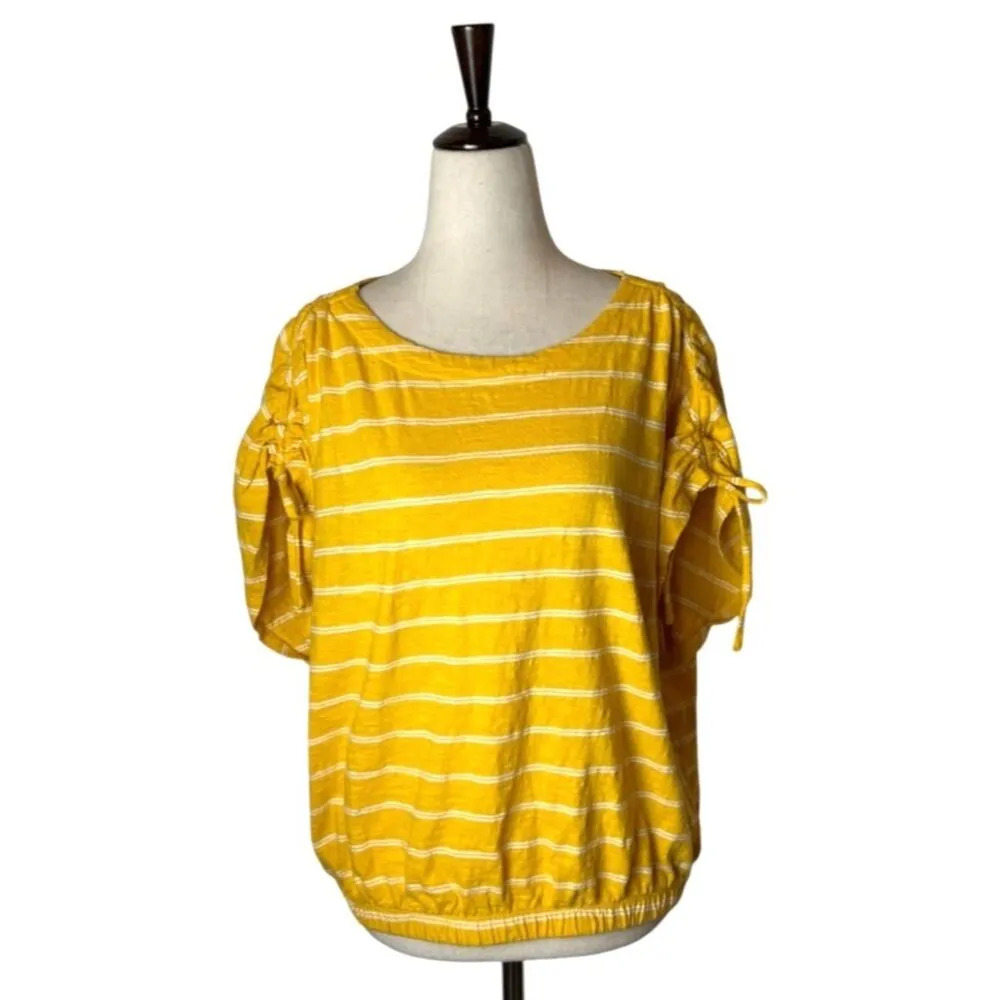 Marine Layer Shirt Women XL Yellow White Striped Short Sleeve Blaine‎ Cinch Tee - Image 2