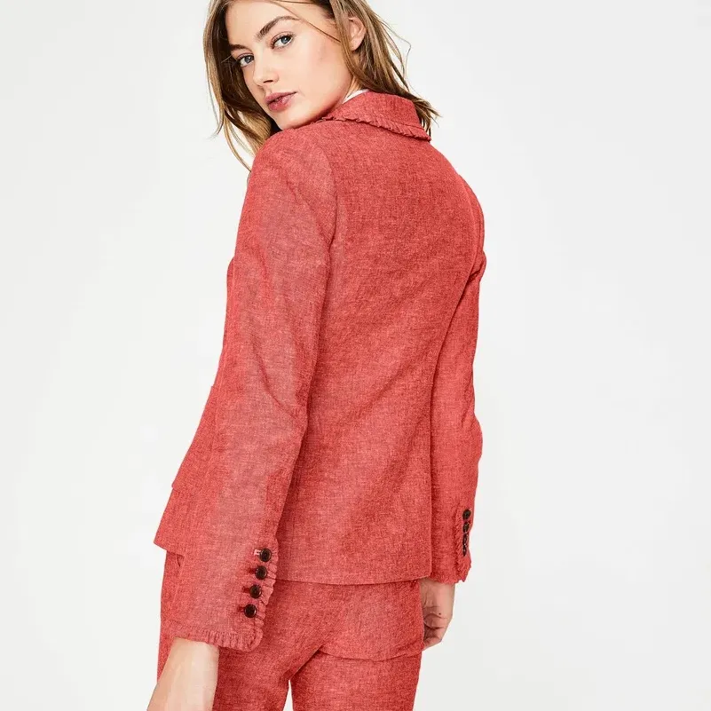 BODEN Mina Linen Cotton Button Front Frill Lightweight Classic Blazer Jacket Red Size 10 - Image 3