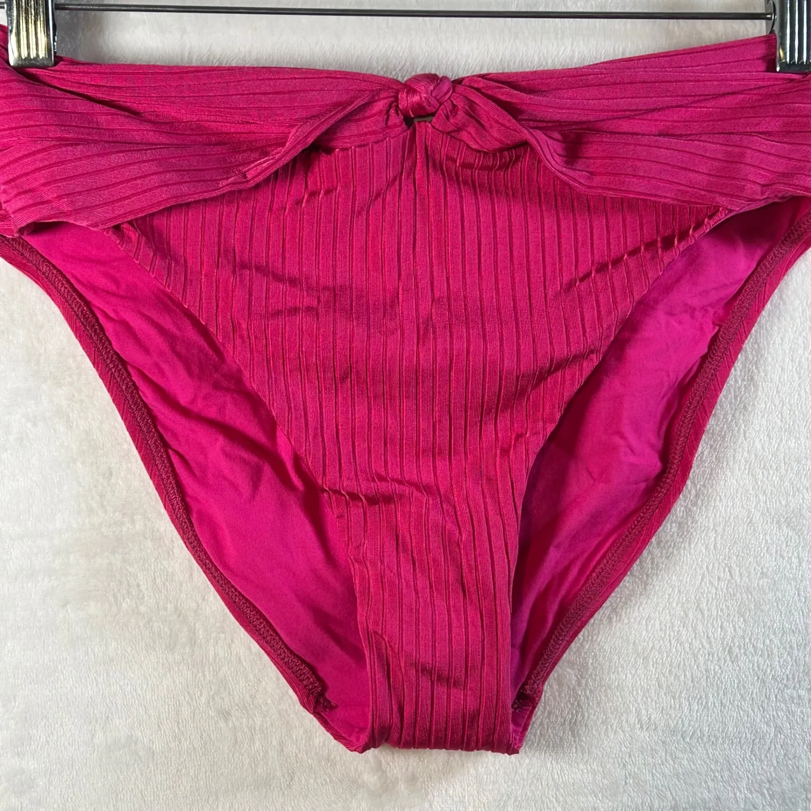 Robin Piccone Ribbed High Waisted Bikini Bottoms Fuchsia Pink Knot Front Size M - Image 2