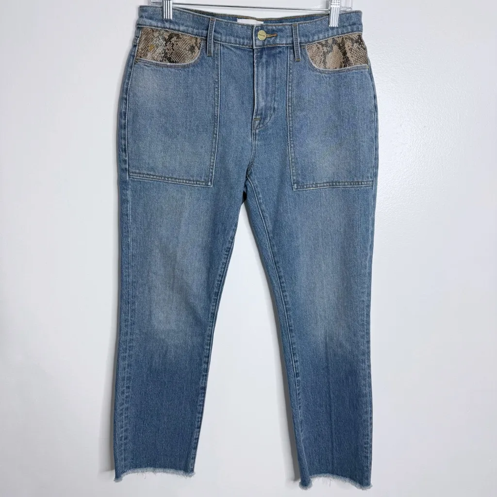 Frame Le High Straight Leather Rattler Raw Hem Jeans Cropped Python Size‎ 29 - Image 2