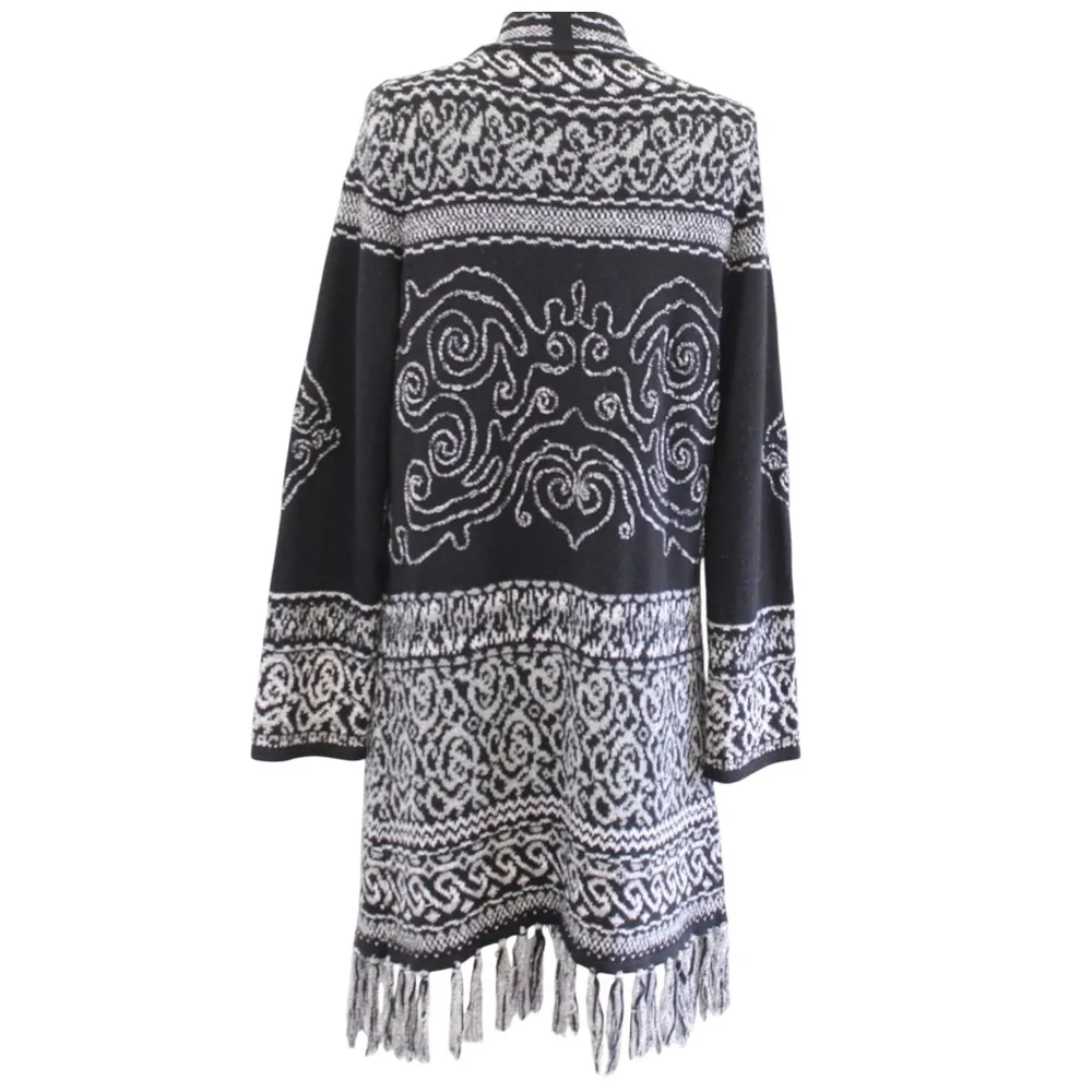 Chico’s Women’s Size 3 (XL) Black Gray Open Front Fringe Cardigan Boho Sweater - Image 3