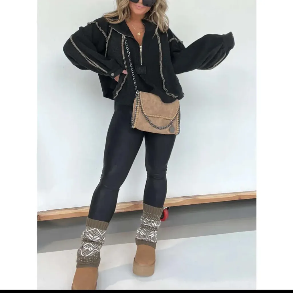 POL Clothing Oversized Waffle Thermal Knit Half Zip Pullover Hoodie Grey Black - Image 7