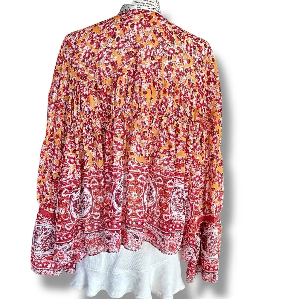 Free People Size M L Lorriane Boho Print Tie-Front Top Blouse Boho Festival - Image 8