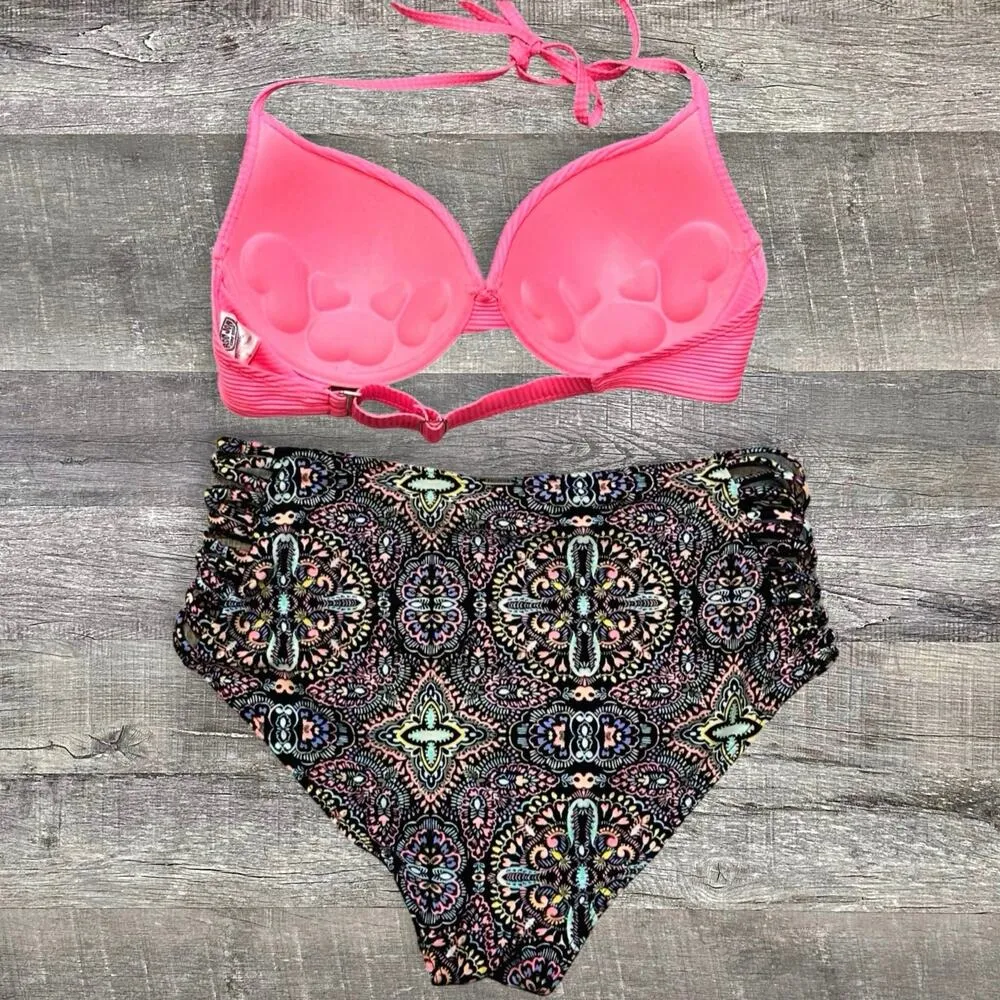 Ron Jon Bikini Push Up Pink Top S & Strappy Side High Waist Bottoms M - Image 3