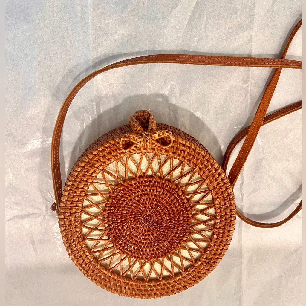 Round Rattan Straw Bag Wicker Purse Boho Bag for Women Cross Body Cottagecore Brown - Image 5