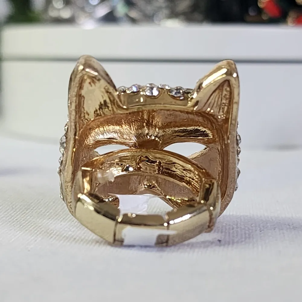 Gold with Cz Crystal Cat Face Mask Stretch Ring - Image 3