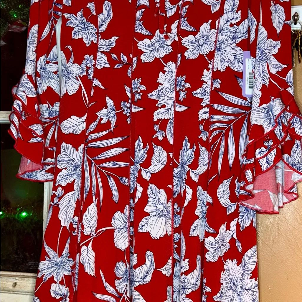 Sami & Jo Red Dress White Floral Design Tie Front Pleated tiered ruffle sleeves - Image 8