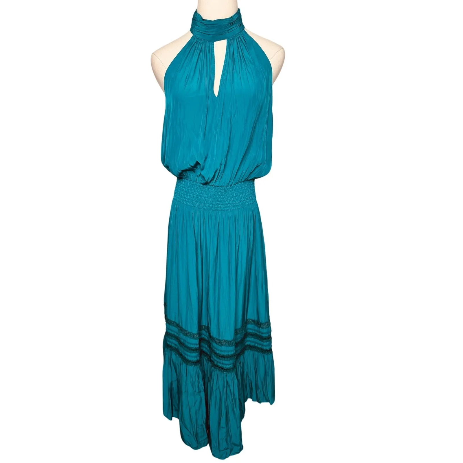 Ramy Brook Annette Halter Dress Petrol Teal Blue Green Smocked Waist Size L - Image 9