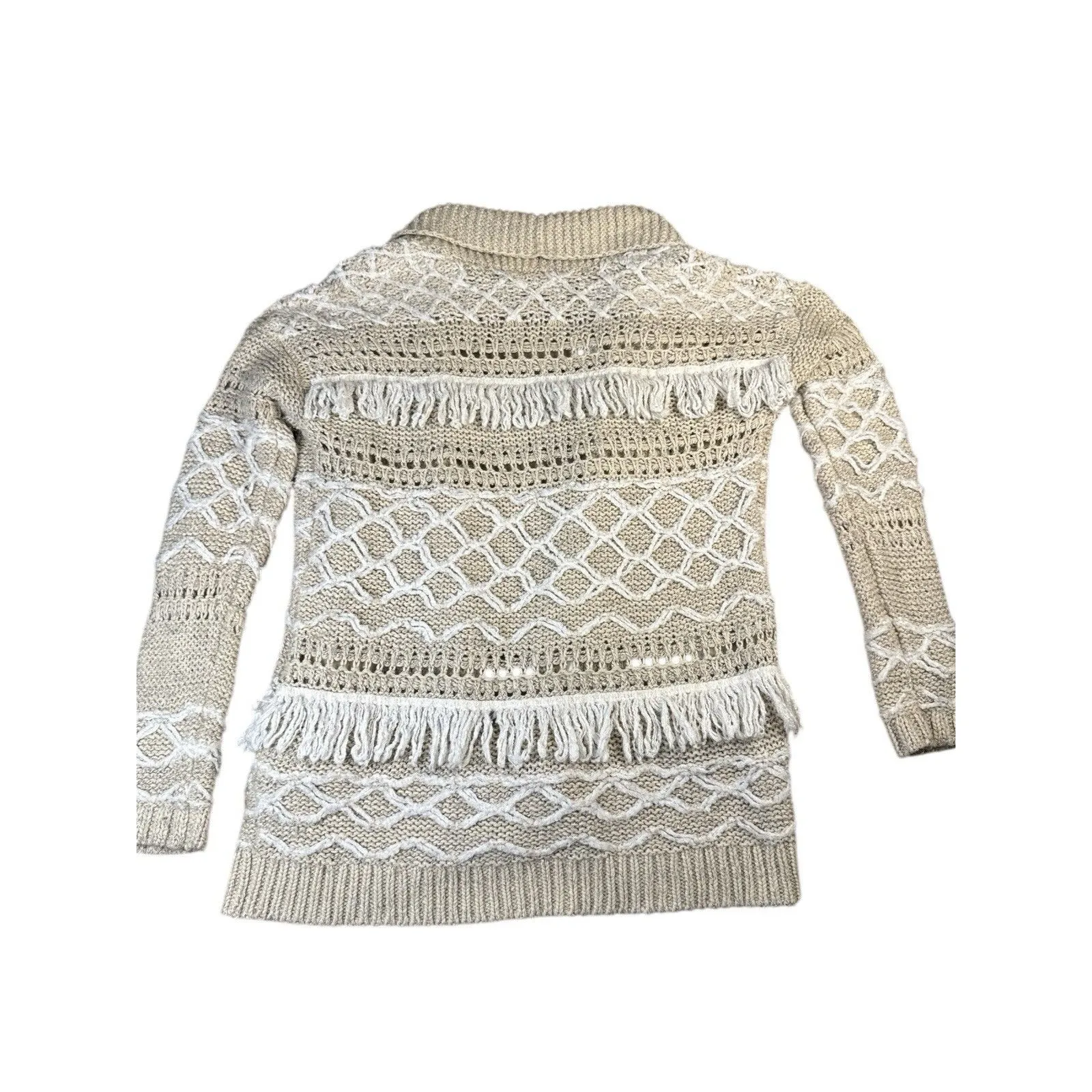 Lucky Brand Beige & White Cozy Cardigan Fringe‎ Detail Size XS Bohemian Chic - Image 5