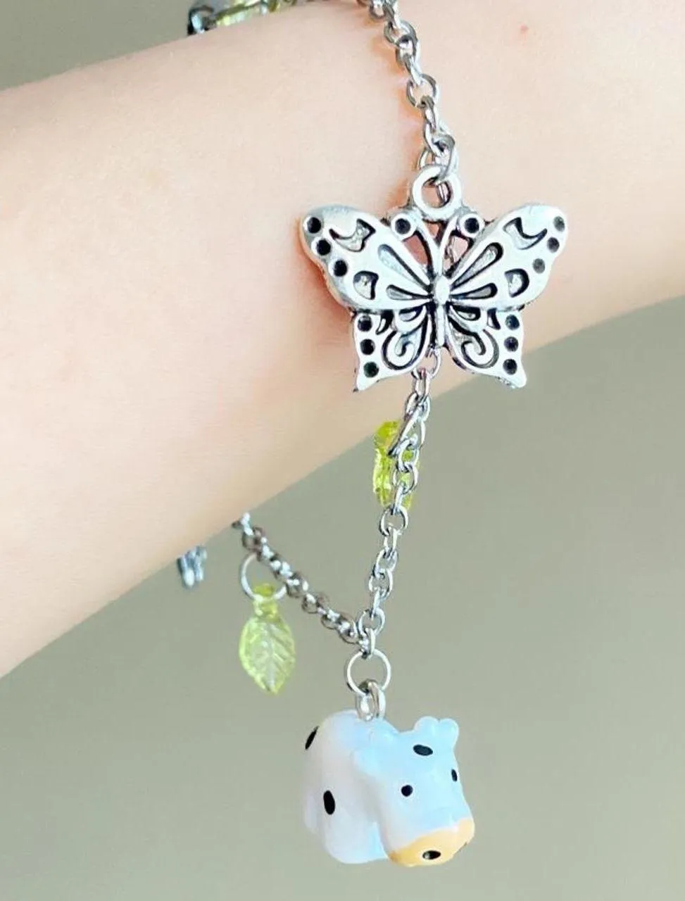 Handmade y2k Kawaii funky fairy cow&strawberry&butterfly stainless steel chain bracelet🐮🍓🍃🦋🌀🌳 - Image 2