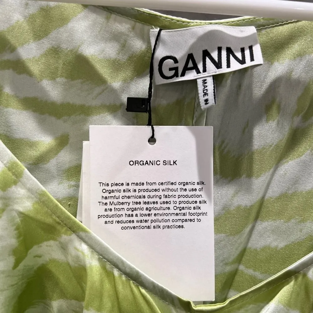 Ganni Ruched Organic Silk-Blend Top Green Zebra Print Size 36 - Image 6