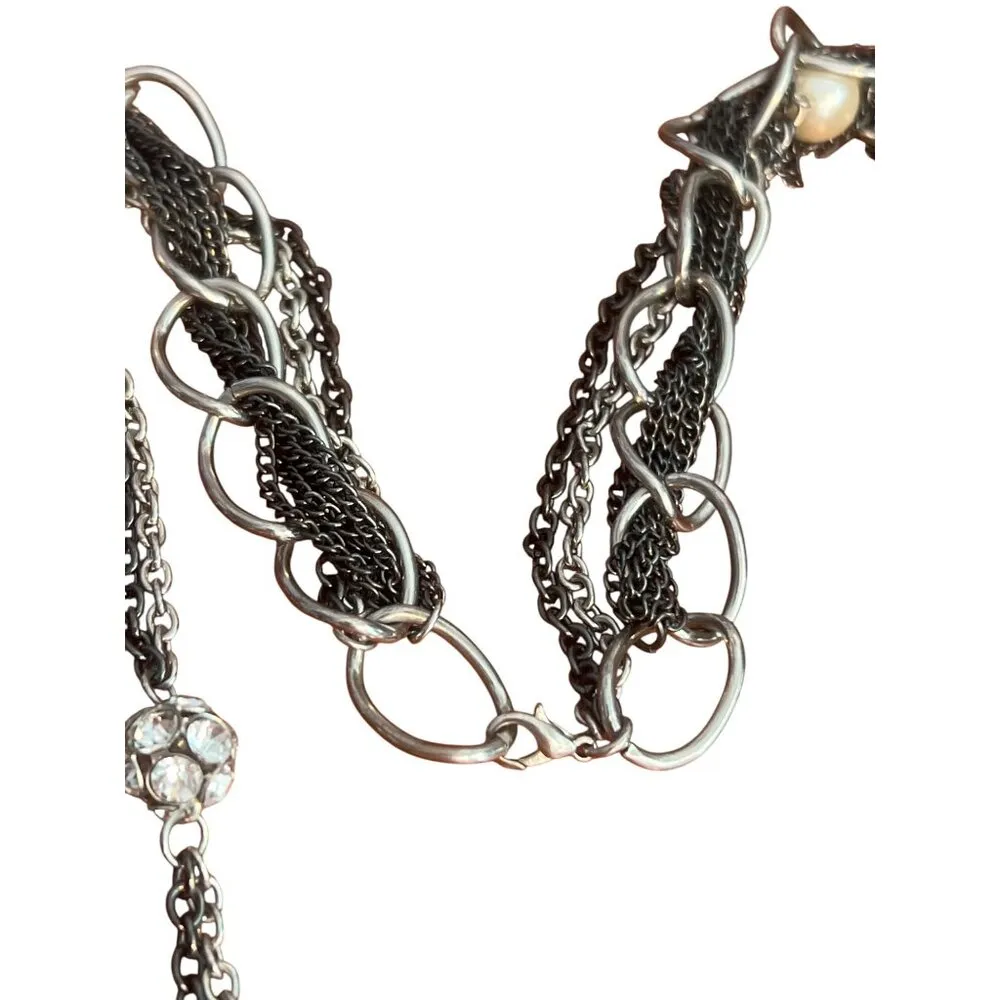 Layered Black Silver Tone Chain Necklace Faux Pearls Rhinestone Beads 26" - Image 4