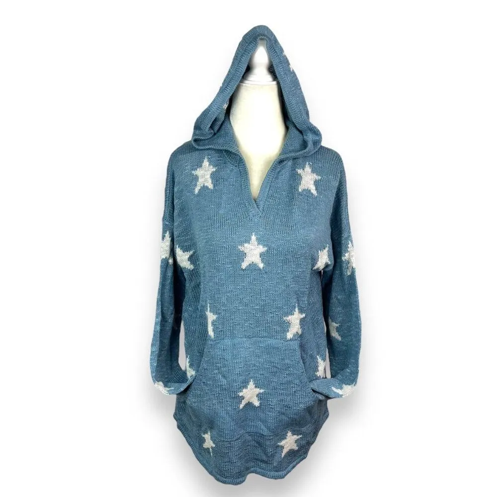 🆕 Marled Reunited Star Print Intarsia Knit Hooded Sweater Blue Size M - Image 6