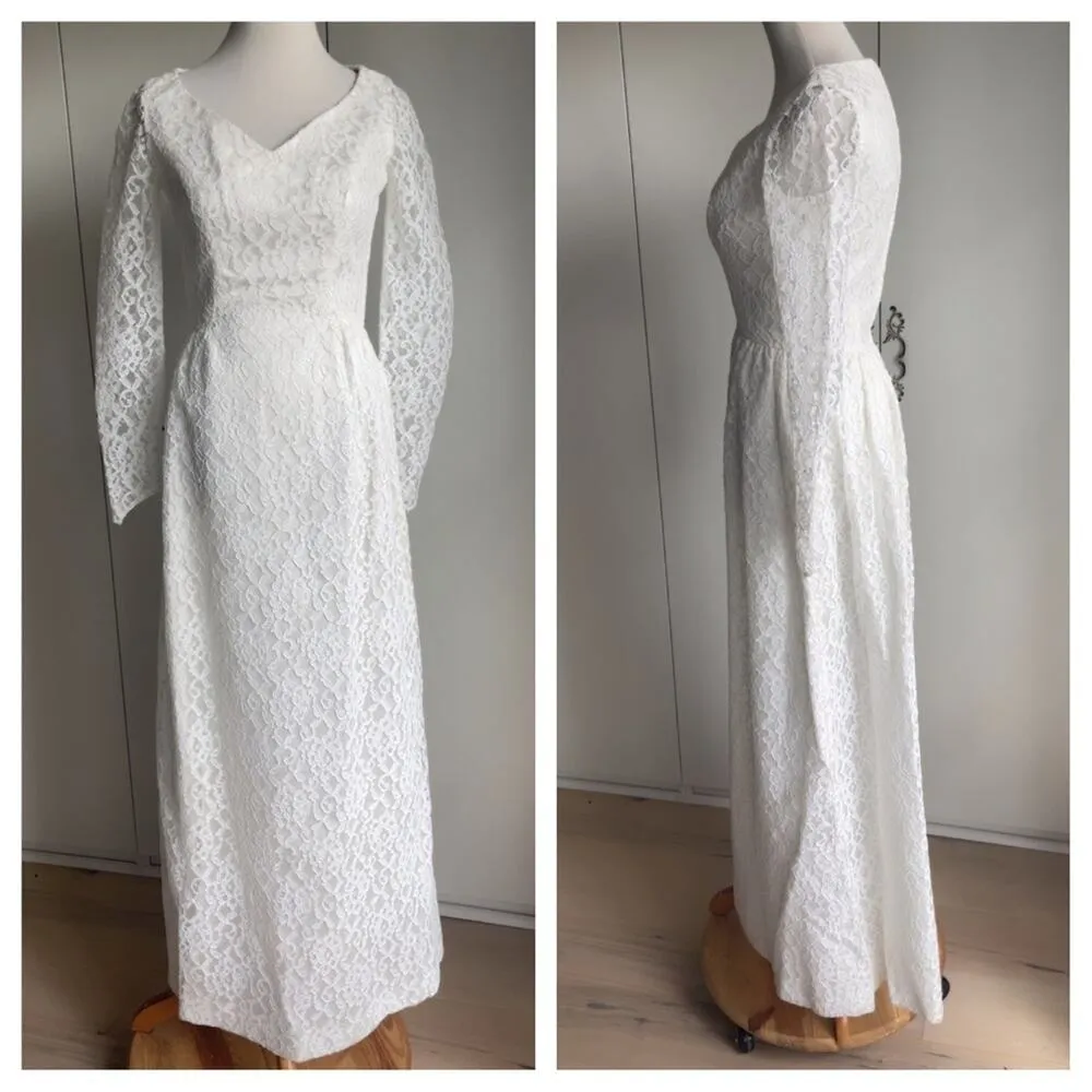 Vintage Lace White Wedding Gown Floor Length Size 4 long Sleeve Elegant Classic - Image 3
