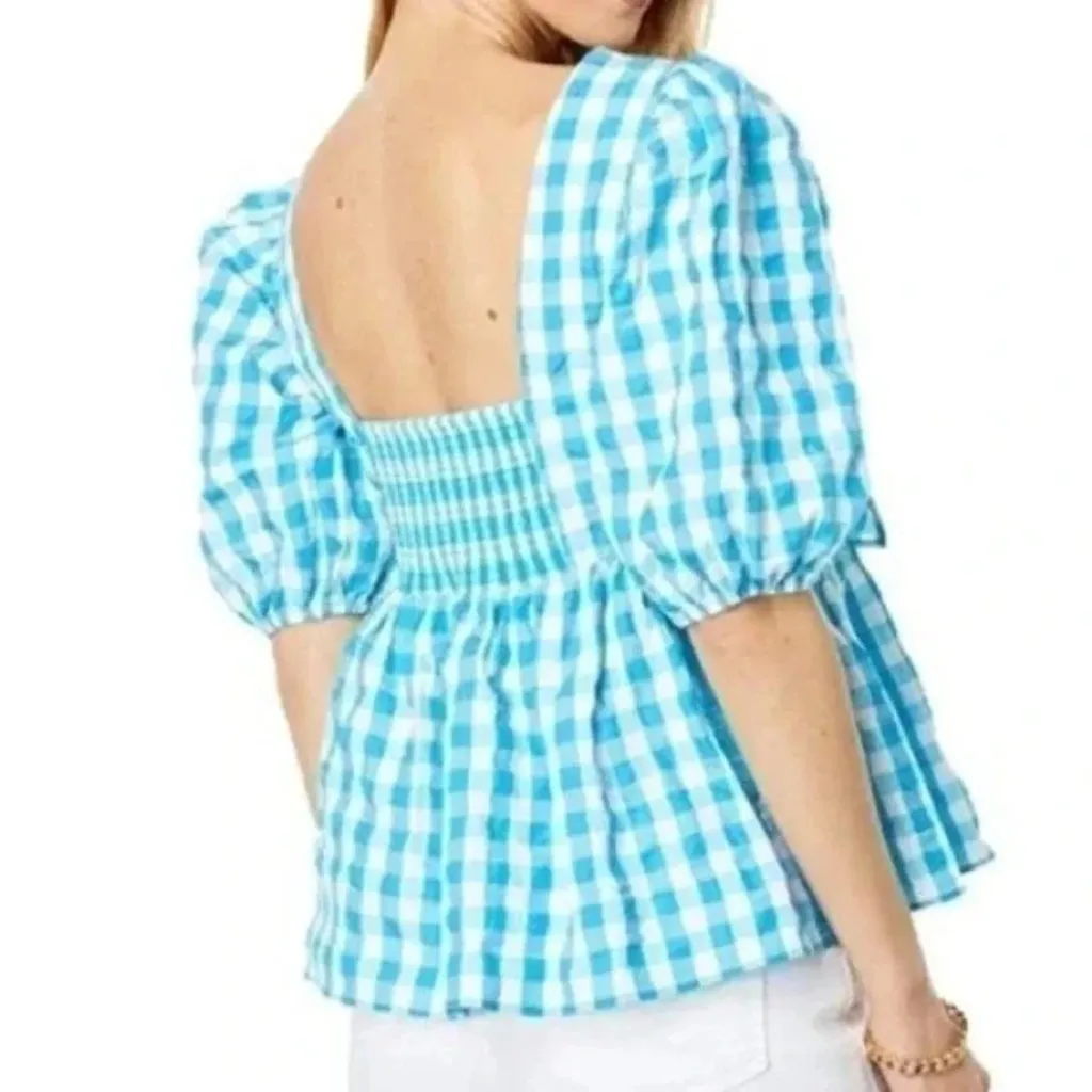 Lilly Pulitzer Sarafina Puff Sleeve Top Blue Checkered Size 2 Preppy Coastal Coq - Image 2