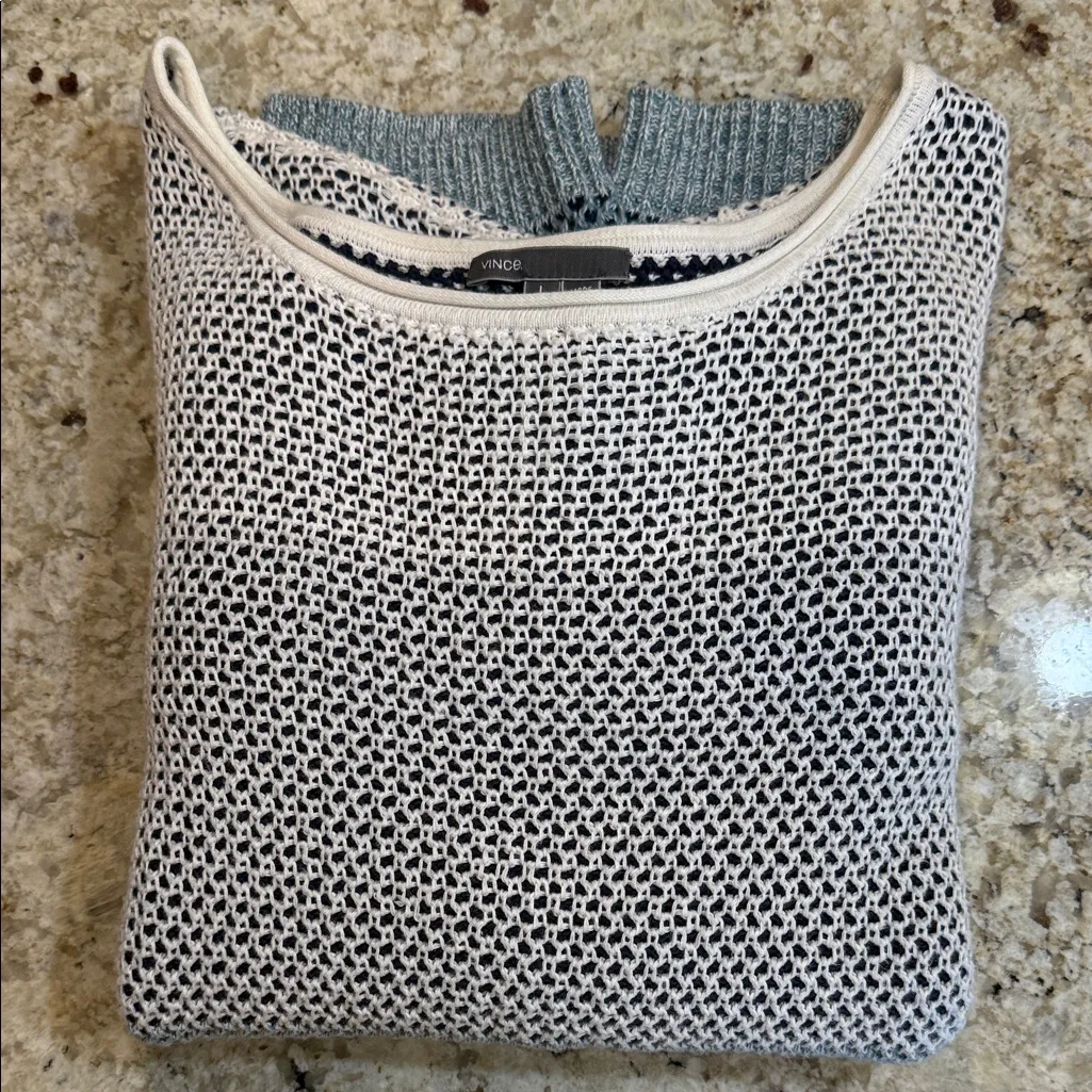 Vince Open Knit Colorblock Cotton Sweater Size L Blue Ivory - Image 9
