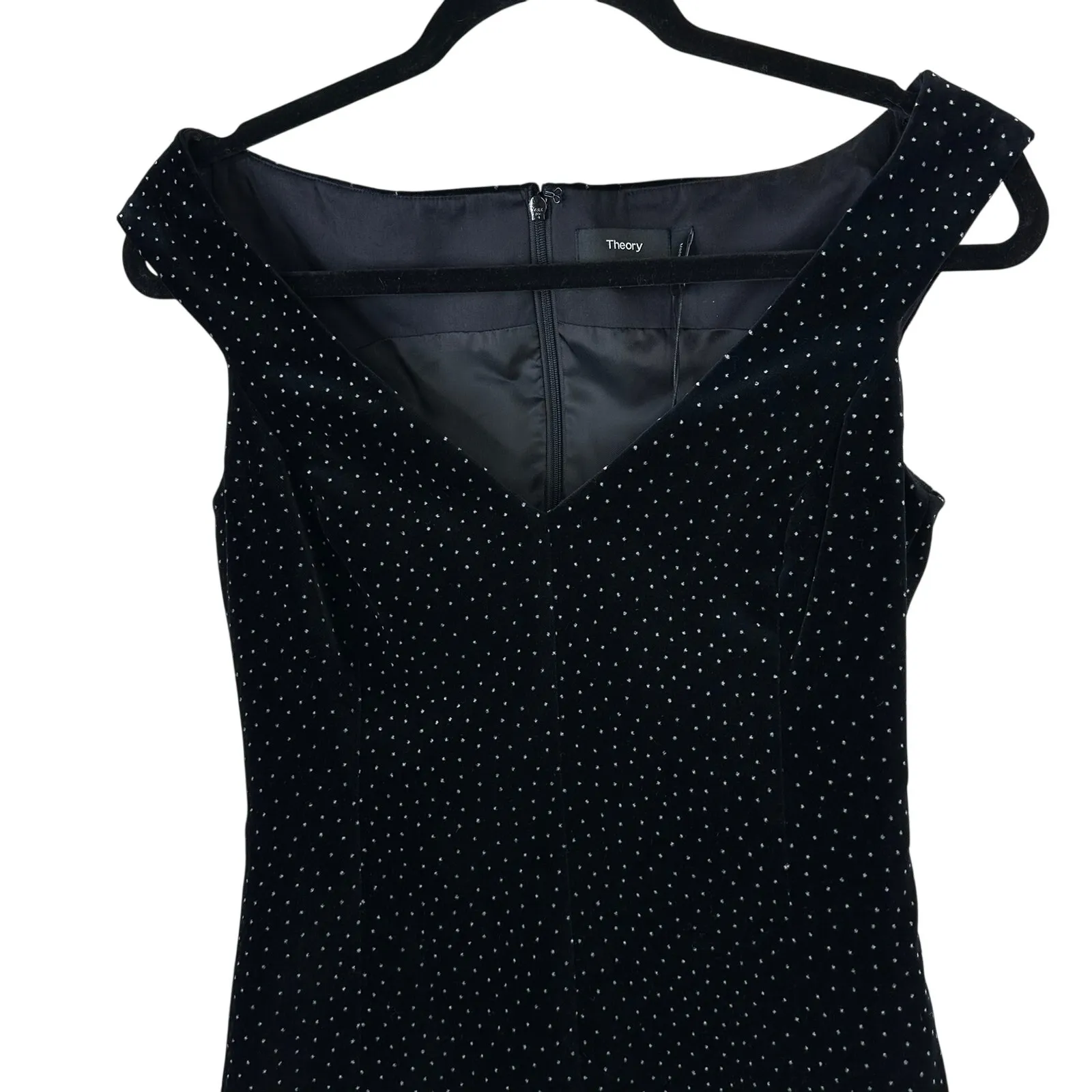 NEW Theory Black Polka Dot Velvet Paneled Off-the-Shoulder Evening Bodycon Dress - Image 6