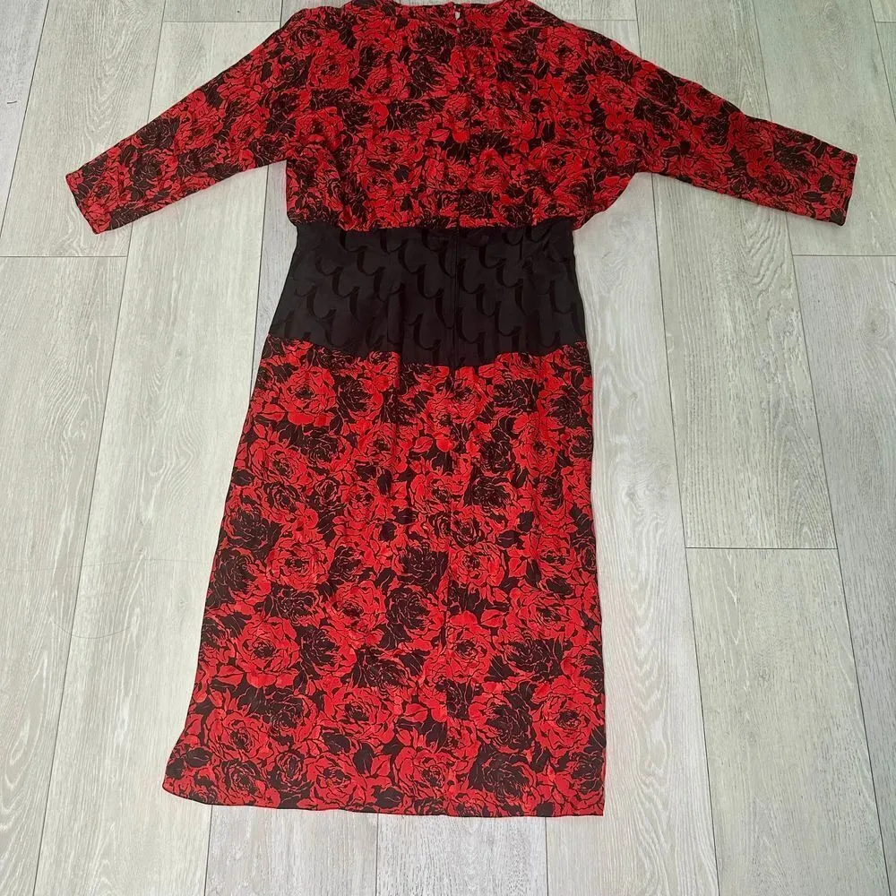 Vintage 100% silk 80s Comenzar black red midi beaded‎ gothic cocktail dress Size 12 - Image 3