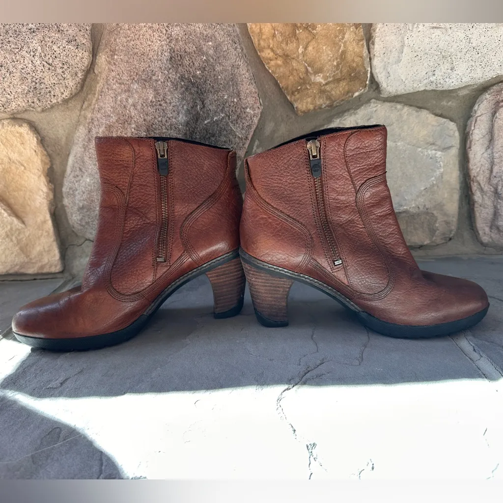 Timberland Womens Stratham Ankle Boots Block Heel Brown Leather Lug Sole - Image 3