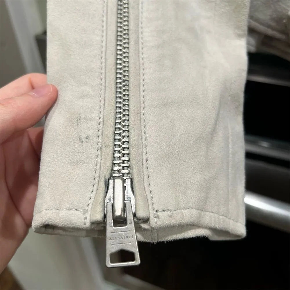 AllSaints Women's Luna Blue Gray Green Leather Plait Balfern Biker Jacket Size 0 - Image 9