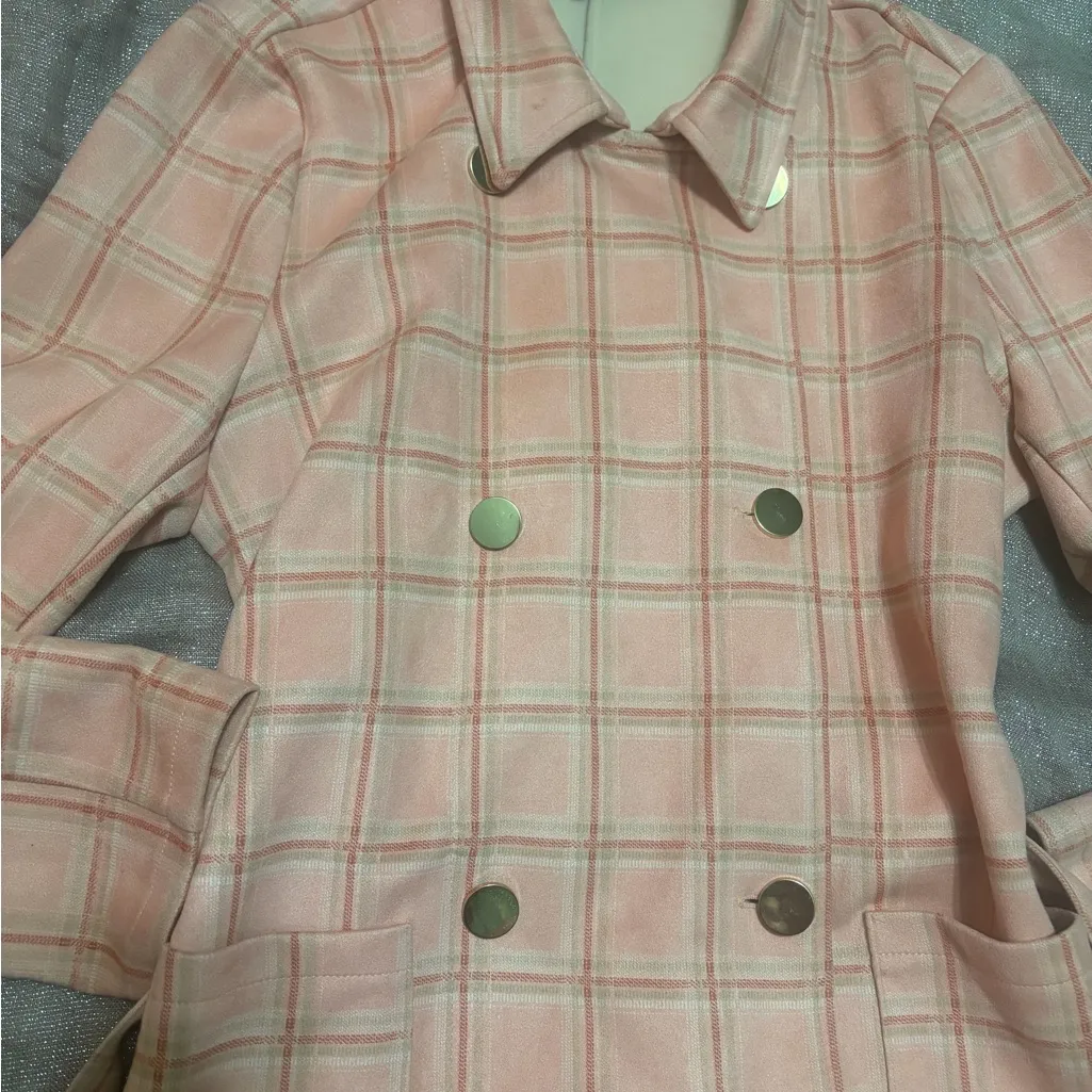 Alice Blue Pink Plaid Trench Coat XL - Image 5