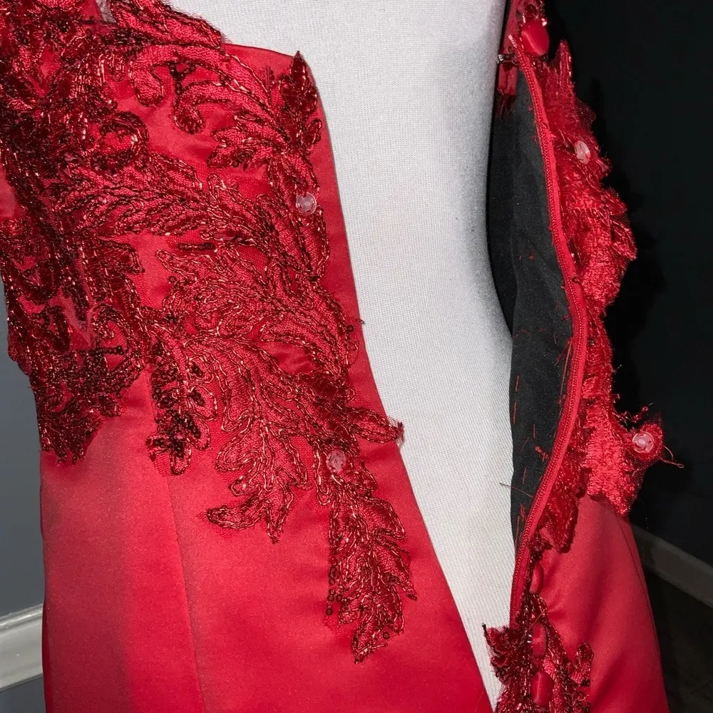 Red Mermaid Sleeveless Floral Lace Embroidered Beaded Fitted Formal Prom XS - Image 14