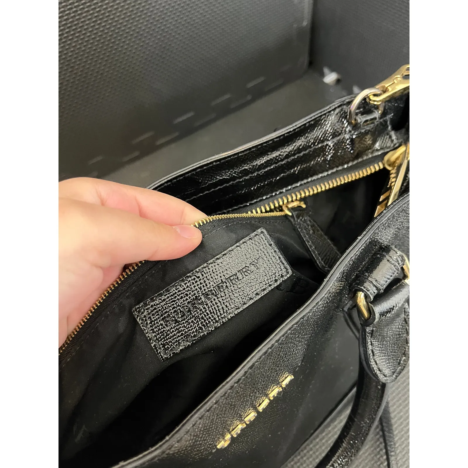 Burberry Patent Leather Somerford Tote Bag Black‎ Purse Womens - Image 11