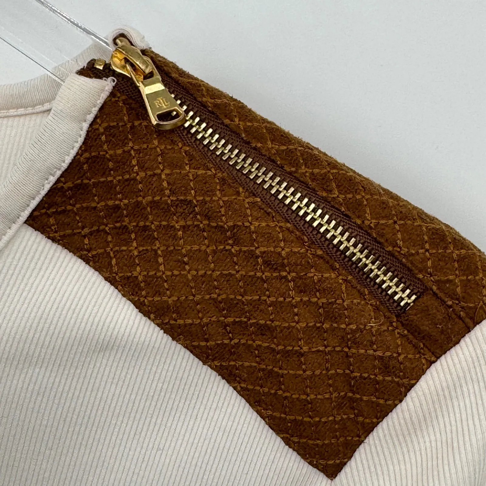 Lauren By Ralph Lauren blouse women's L zip shoulder rib knit top cream brown - Image 5