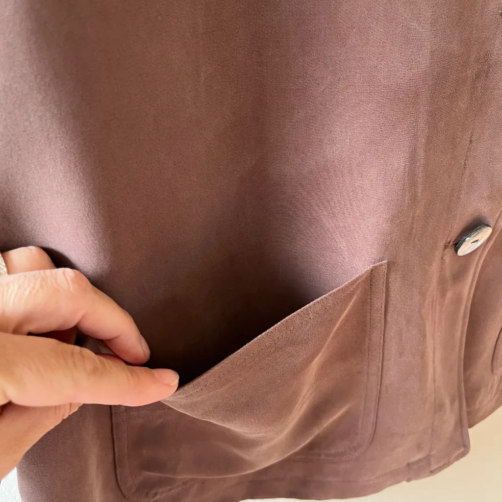 Arleen Bowman Sz M Brown Silk Deluxe Oversized Jacket Blazer Button Down Pockets Size M - Image 5