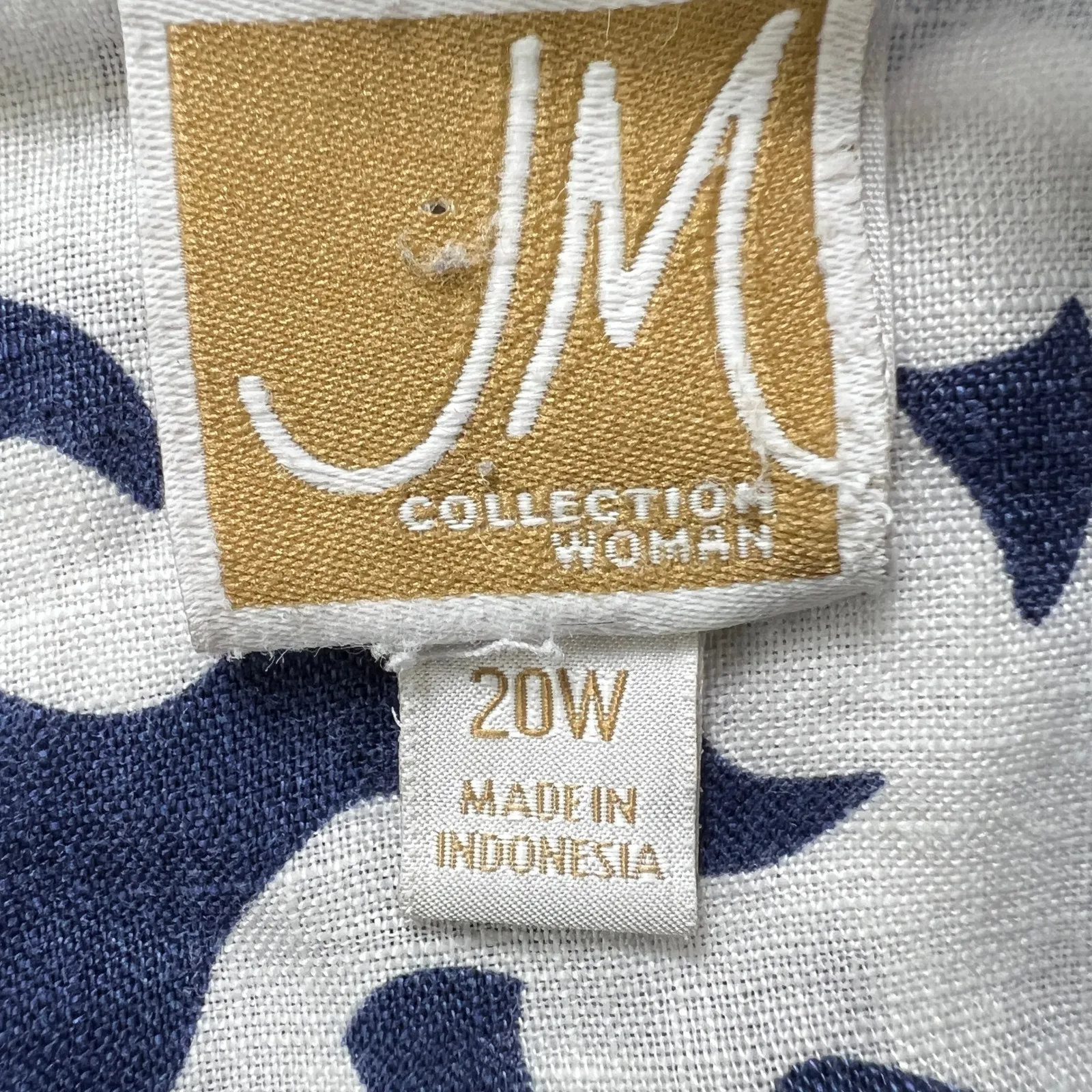 JM Collection Linen Blouse 20W Blue White Scroll Print Button Front Roll Tab - Image 4