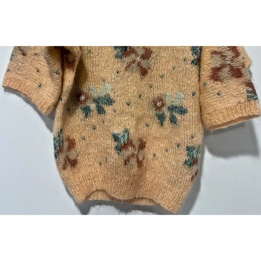 Vintage 70s Peach Fuzzy Soft Mohair Sweater Hand Knit V Neck Off Shoulder - Image 3