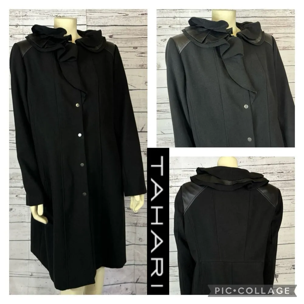 Elie Tahari 100% Wool Black Fitted Layered Leather Ruffle Collar Coat size XL - Image 4