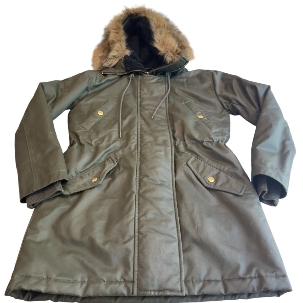 J.Crew Olive Green Utility Parka Petite XS Faux Fur Hood PrimaLoft Jacket EUC - Image 8